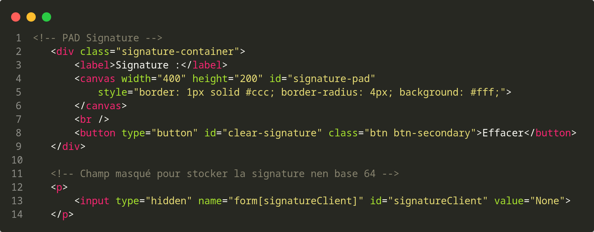 Code HTML, canvas de signature et champ caché pour stocker la signature en base64